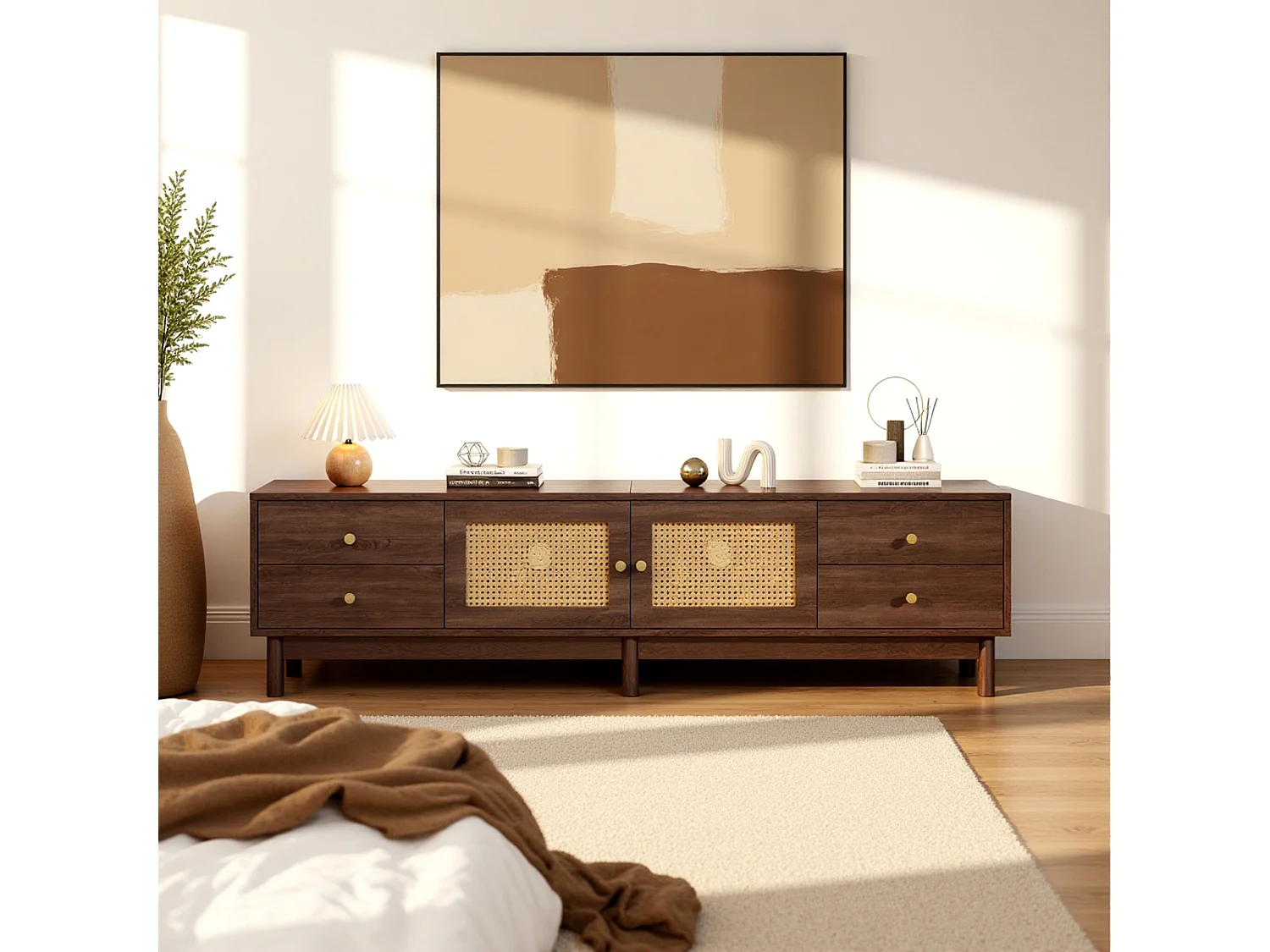 URBAN MEUBLE Meuble TV style vintage effet bois noyer avec 2 portes en rotin, 4 tiroirs 180*35*44cm