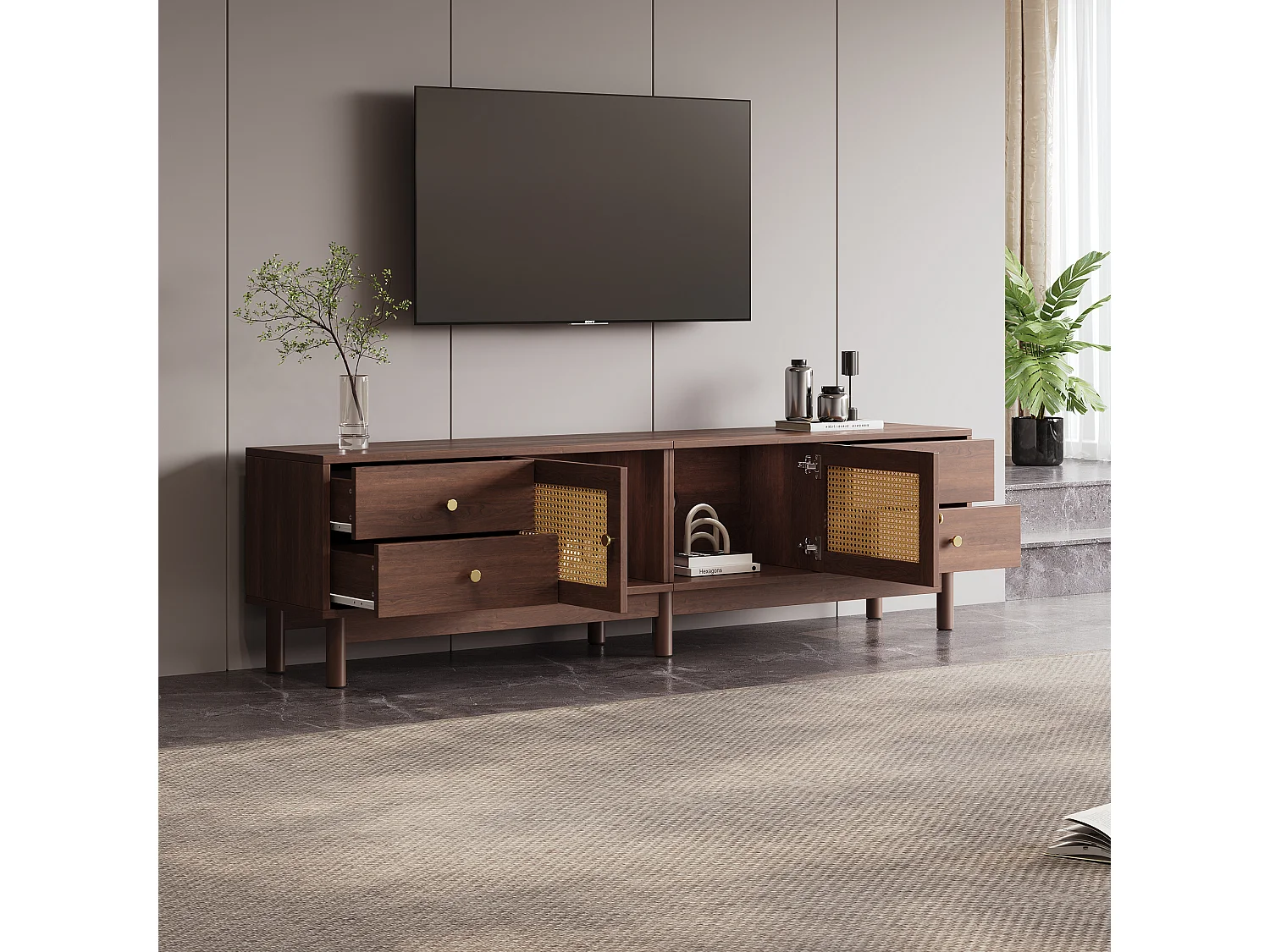 URBAN MEUBLE Meuble TV style vintage effet bois noyer avec 2 portes en rotin, 4 tiroirs 180*35*44cm