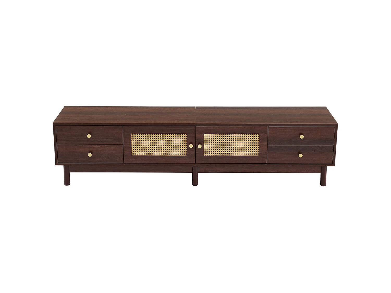 URBAN MEUBLE Meuble TV style vintage effet bois noyer avec 2 portes en rotin, 4 tiroirs 180*35*44cm