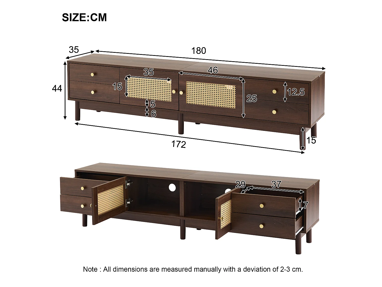 URBAN MEUBLE Meuble TV style vintage effet bois noyer avec 2 portes en rotin, 4 tiroirs 180*35*44cm