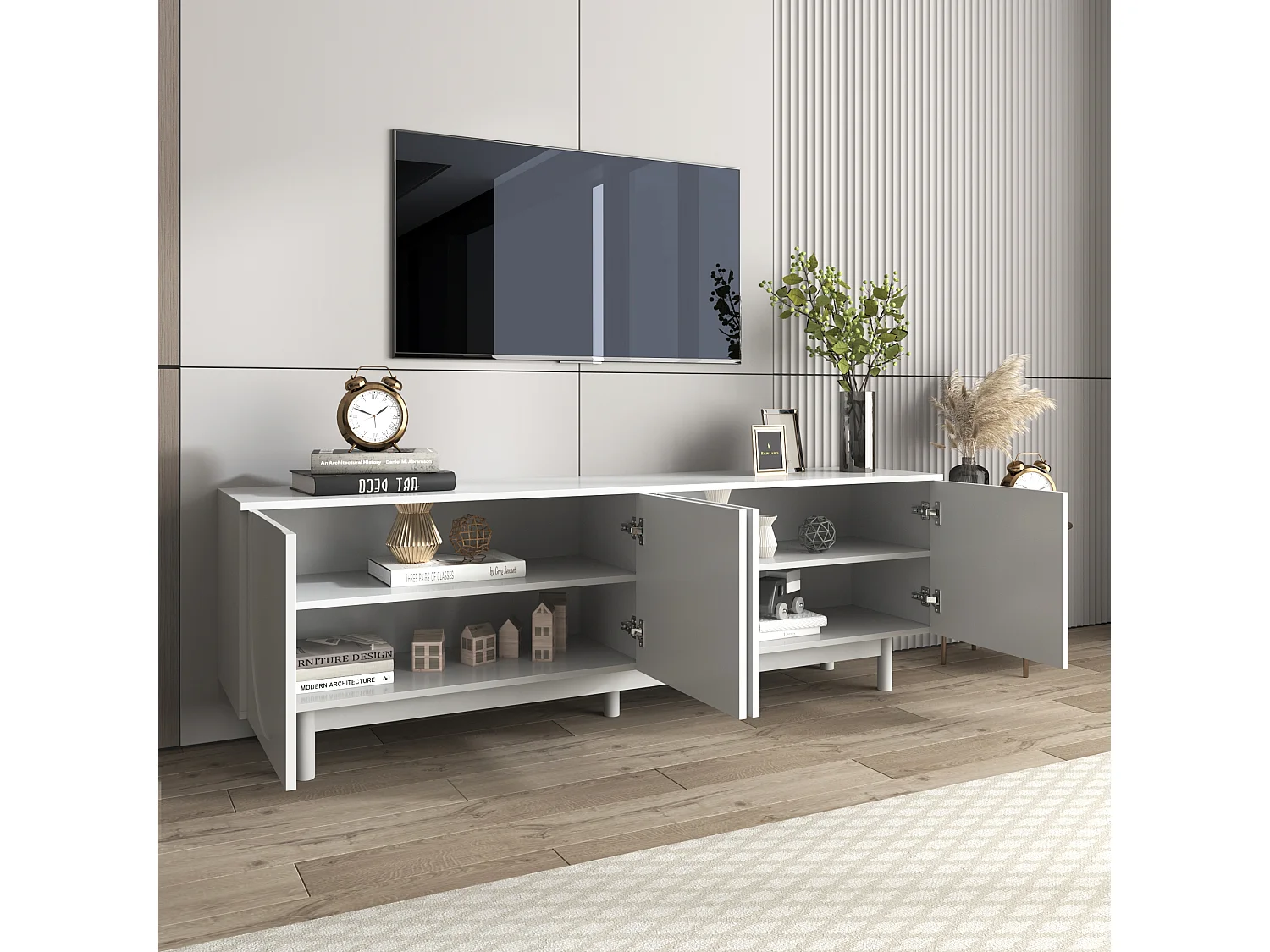 Meuble TV blanc style luxe portes texturées forme de U AEKRON
