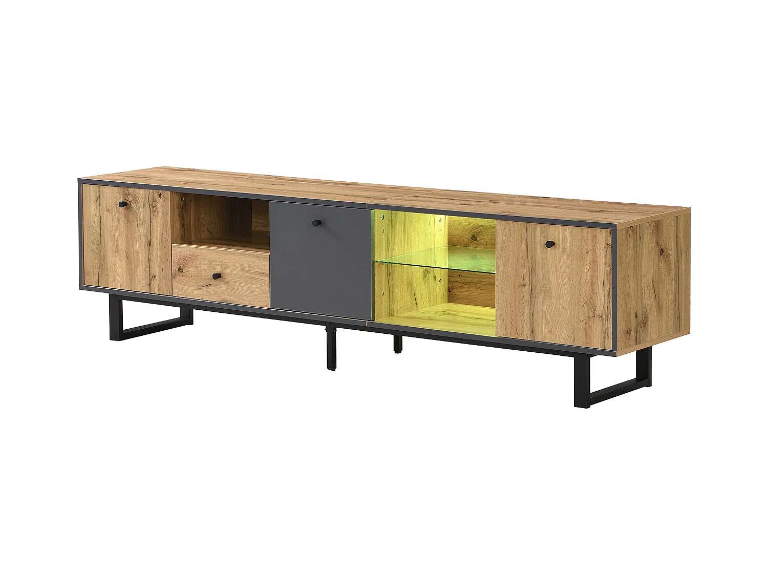Meuble TV effet bois et gris avec LED cloison en verre INPHE