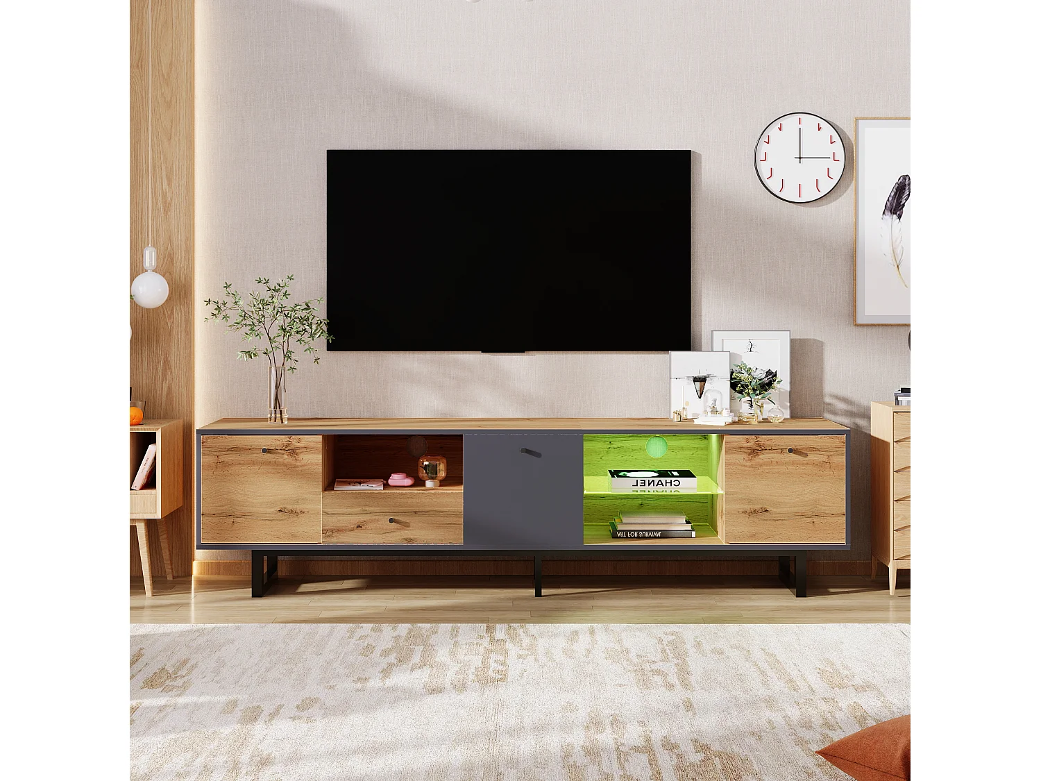 Meuble TV effet bois et gris avec LED cloison en verre INPHE