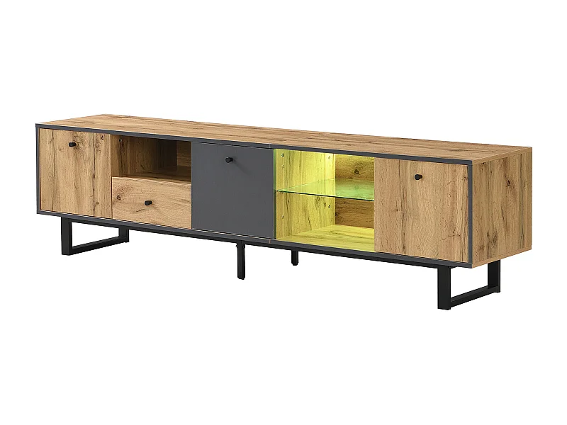 Meuble TV effet bois et gris avec LED cloison en verre INPHE