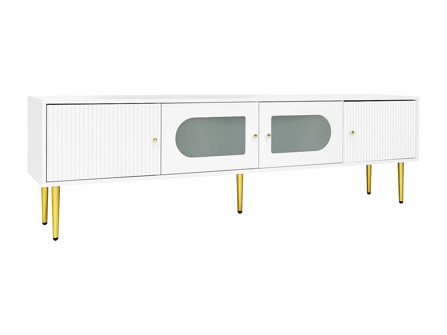 Meuble TV élégant blanc verre courbé avec pieds et poignées dorés 2 portes 170*35*50cm KACCIEN