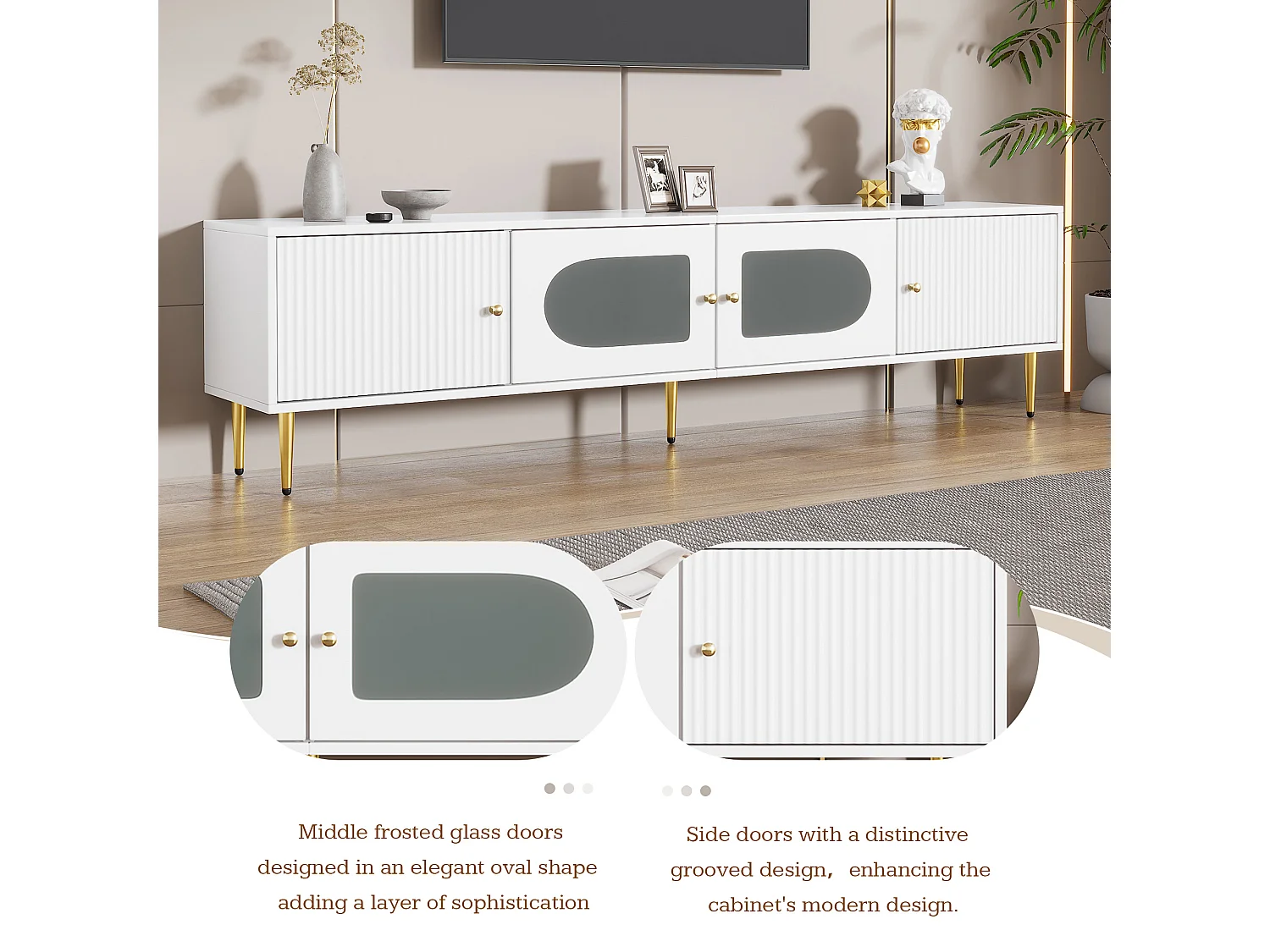 Meuble TV élégant blanc verre courbé avec pieds et poignées dorés 2 portes 170*35*50cm KACCIEN