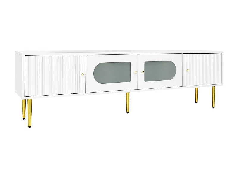 Meuble TV élégant blanc verre courbé avec pieds et poignées dorés 2 portes 170*35*50cm KACCIEN