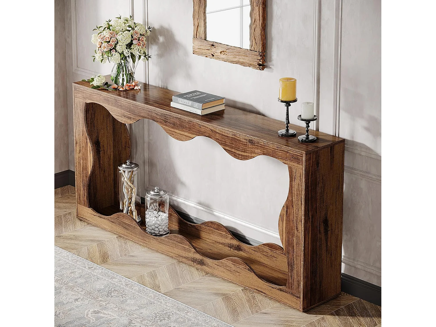 Table console de ferme de 160 cm avec rangement, table de canapé derrière le canapé, longue table d'entrée, table console étroite