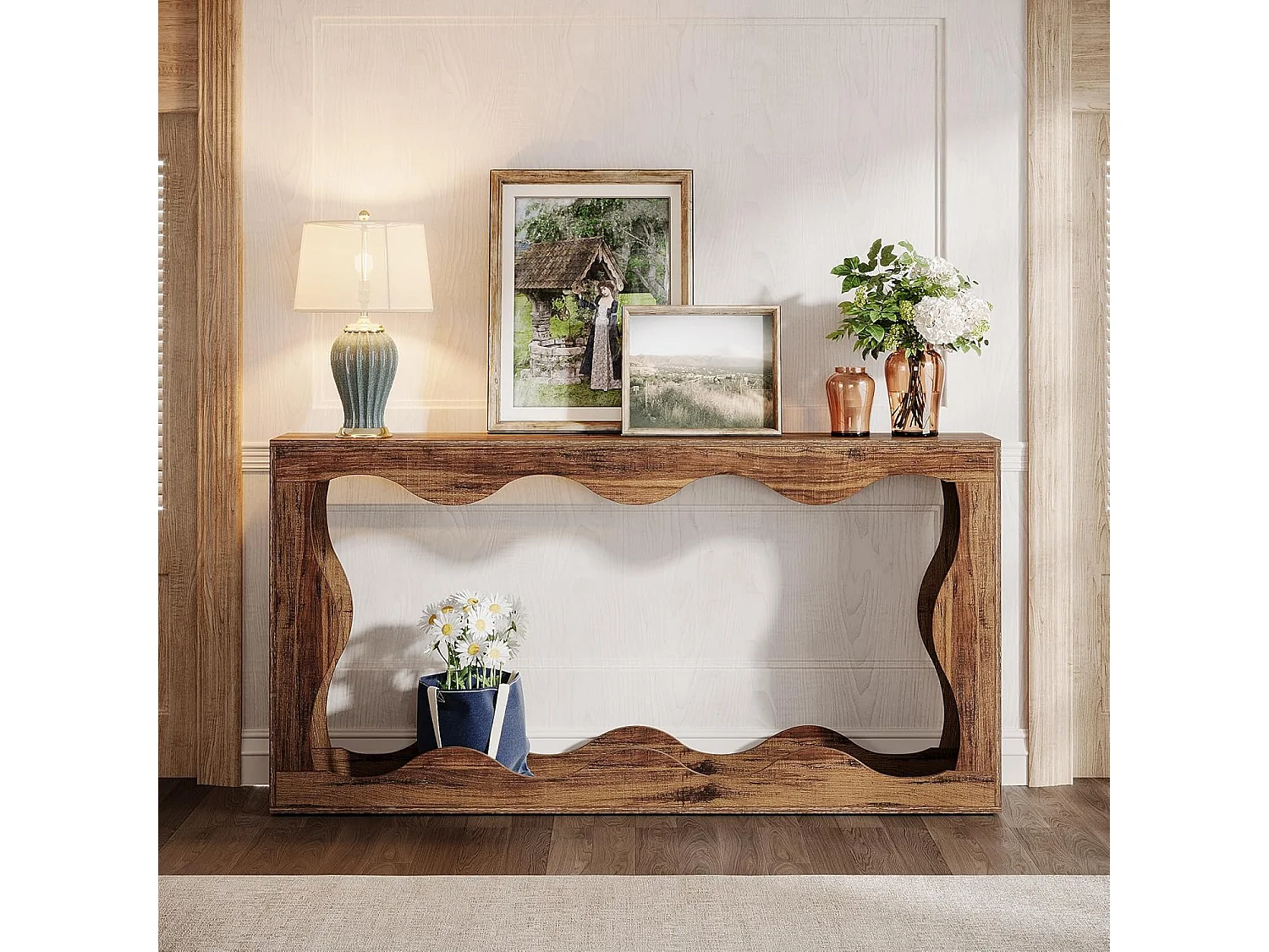 Table console de ferme de 160 cm avec rangement, table de canapé derrière le canapé, longue table d'entrée, table console étroite