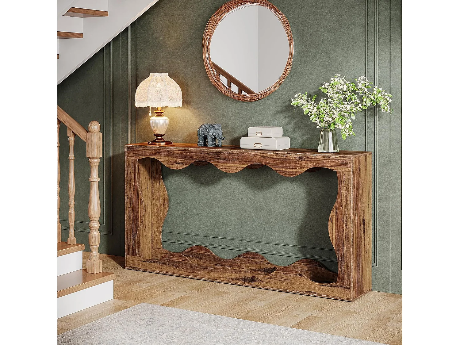 Table console de ferme de 160 cm avec rangement, table de canapé derrière le canapé, longue table d'entrée, table console étroite