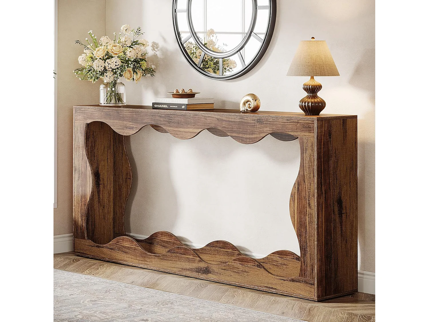 Table console de ferme de 160 cm avec rangement, table de canapé derrière le canapé, longue table d'entrée, table console étroite