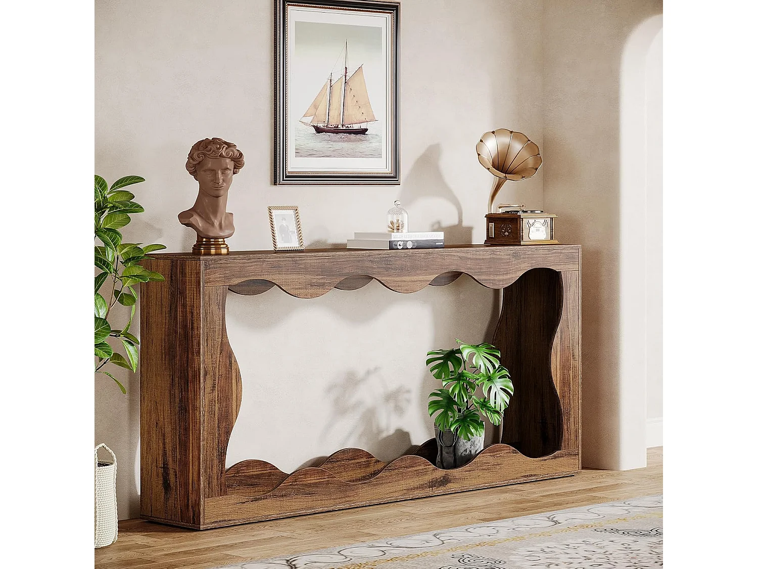 Table console de ferme de 160 cm avec rangement, table de canapé derrière le canapé, longue table d'entrée, table console étroite