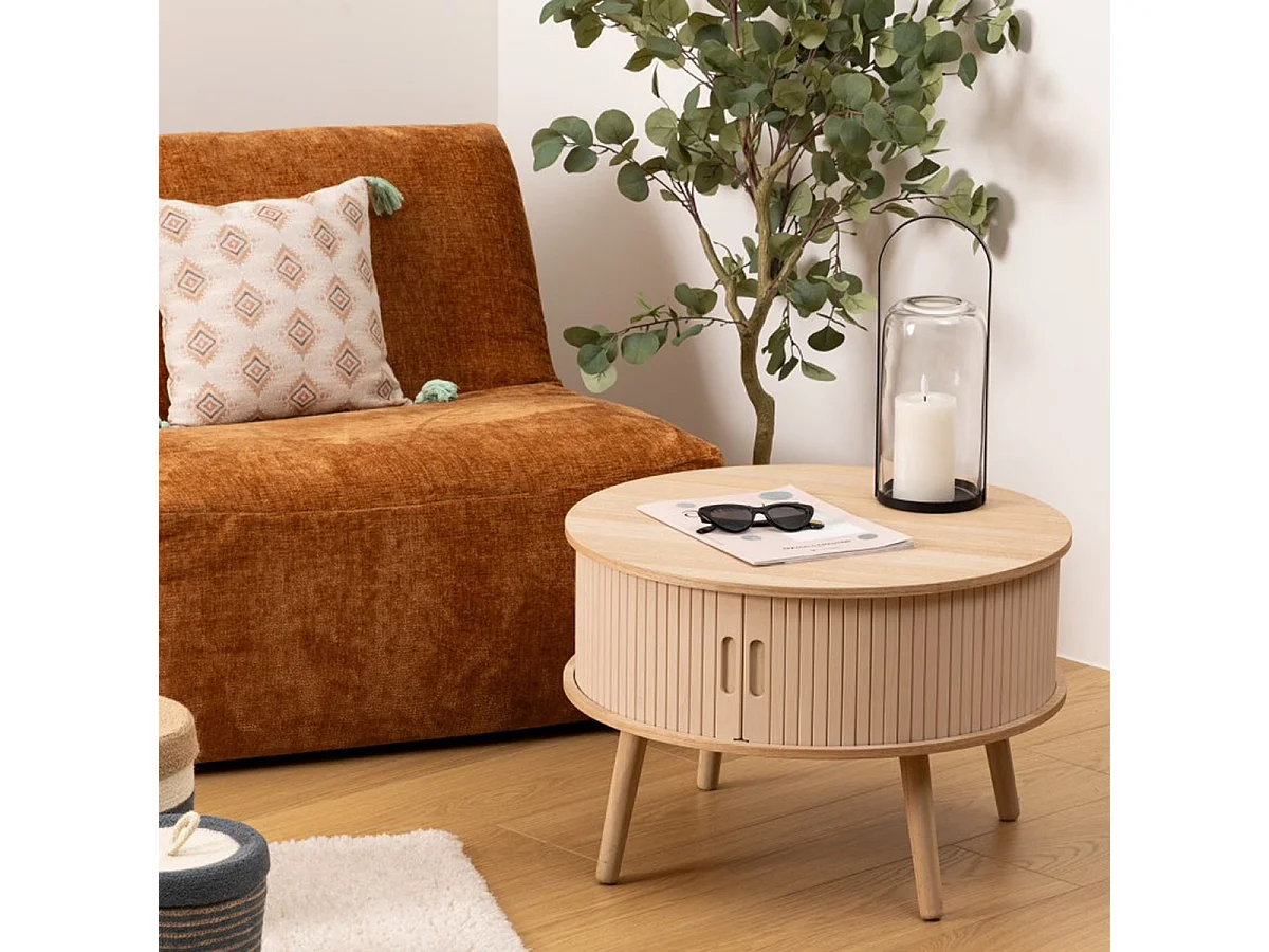 Table basse, table de salon avec 2 portes en bois coloris beige - diamètre 60 x Hauteur 40,7 cm