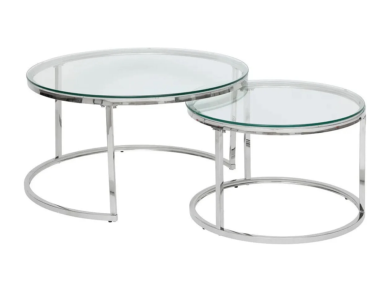 Set de 2 tables basses, tables de salon en verre et acier inoxydable