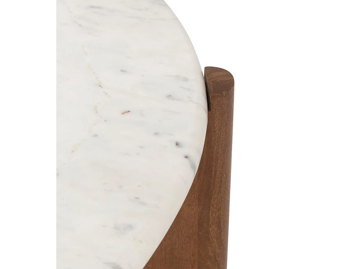Table basse, table de salon en manguier coloris marron et marbre blanc - diamètre 91,5 x Hauteur 41,5 cm