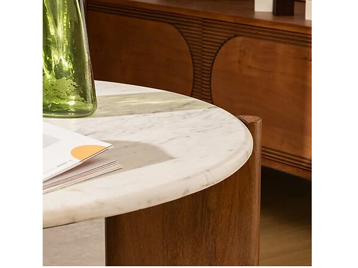 Table basse, table de salon en manguier coloris marron et marbre blanc - diamètre 91,5 x Hauteur 41,5 cm