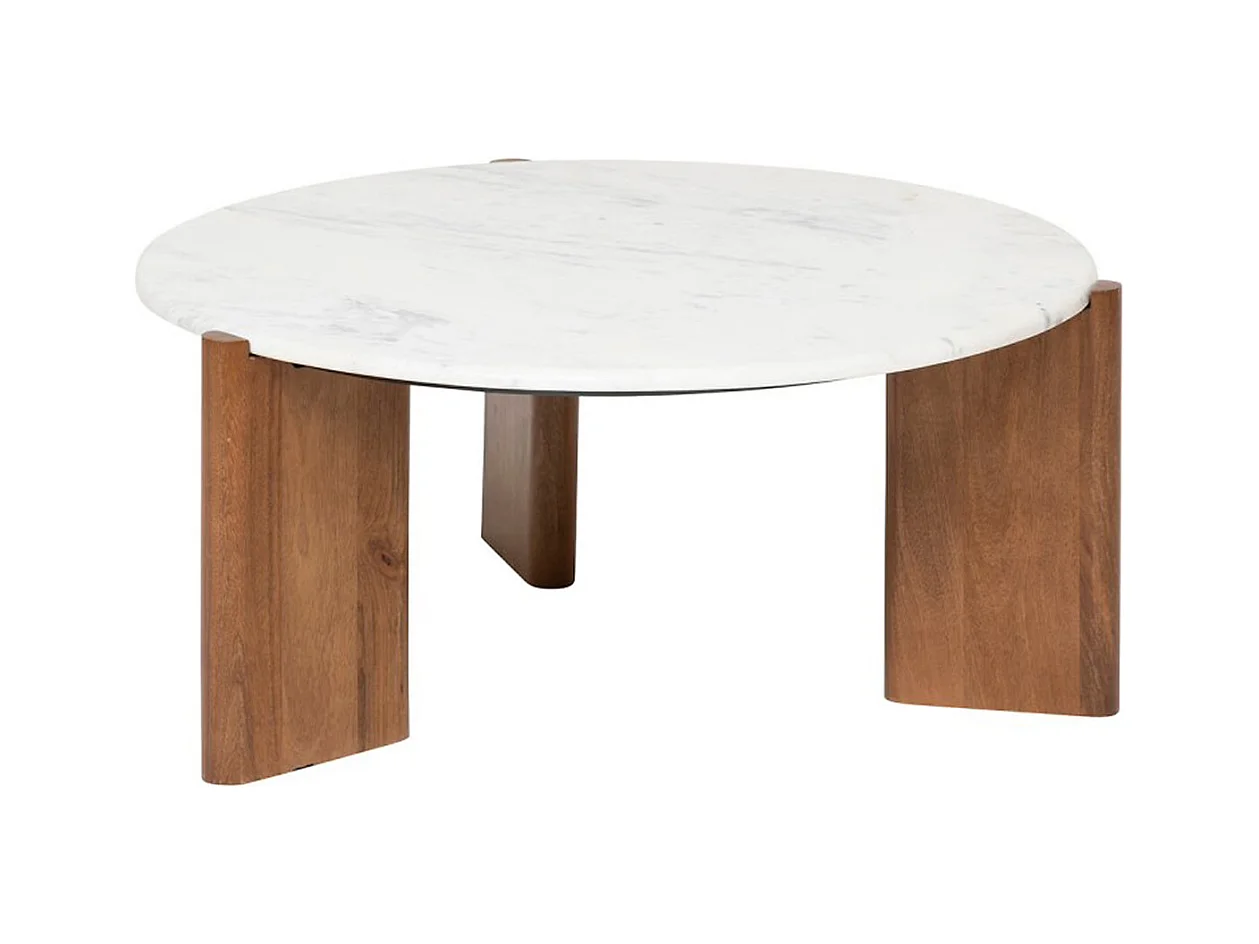 Table basse, table de salon en manguier coloris marron et marbre blanc - diamètre 91,5 x Hauteur 41,5 cm