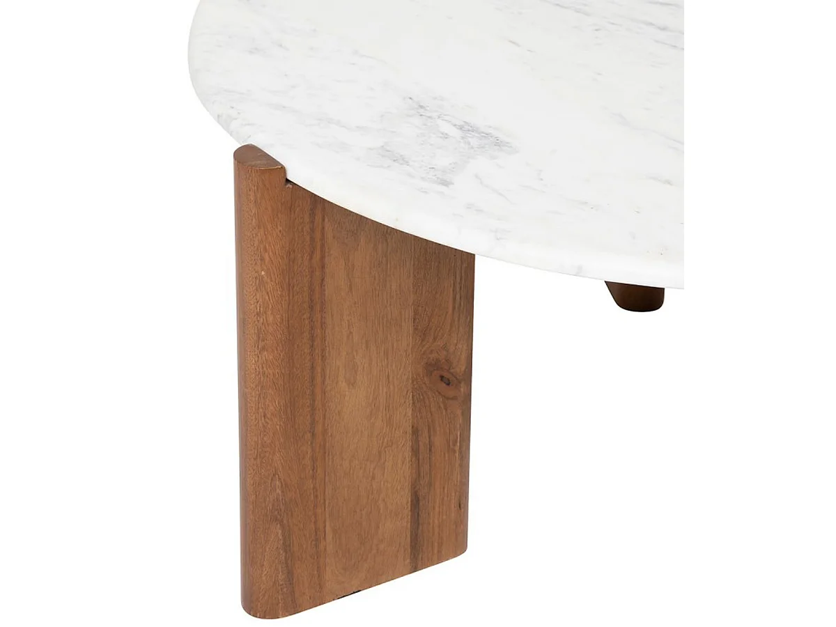 Table basse, table de salon en manguier coloris marron et marbre blanc - diamètre 91,5 x Hauteur 41,5 cm