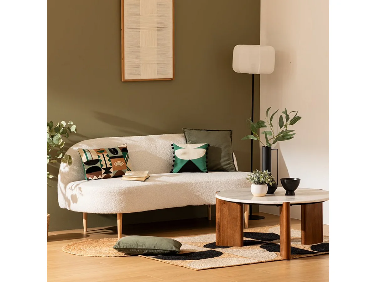 Table basse, table de salon en manguier coloris marron et marbre blanc - diamètre 91,5 x Hauteur 41,5 cm