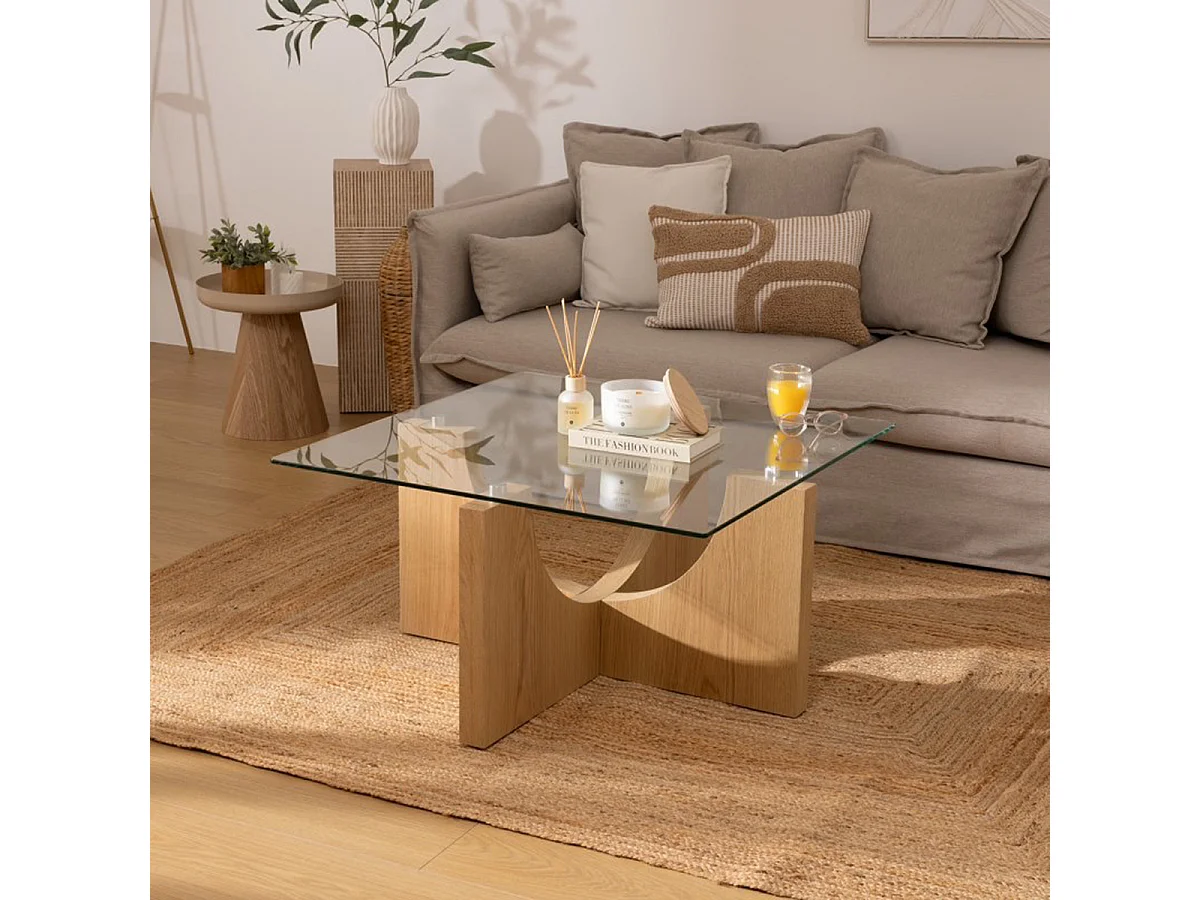 Table basse, table de salon en bois coloris naturel et verre transparent -  Longueur 85 x Profondeur 85 x Hauteur 45 cm