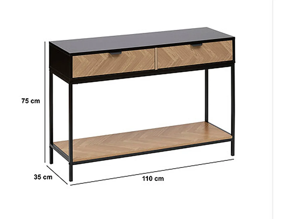 Console, meuble de console avec 2 tiroirs en bois coloris marron, noir - Longueur 110  x Profondeur 35 x Hauteur 75 cm