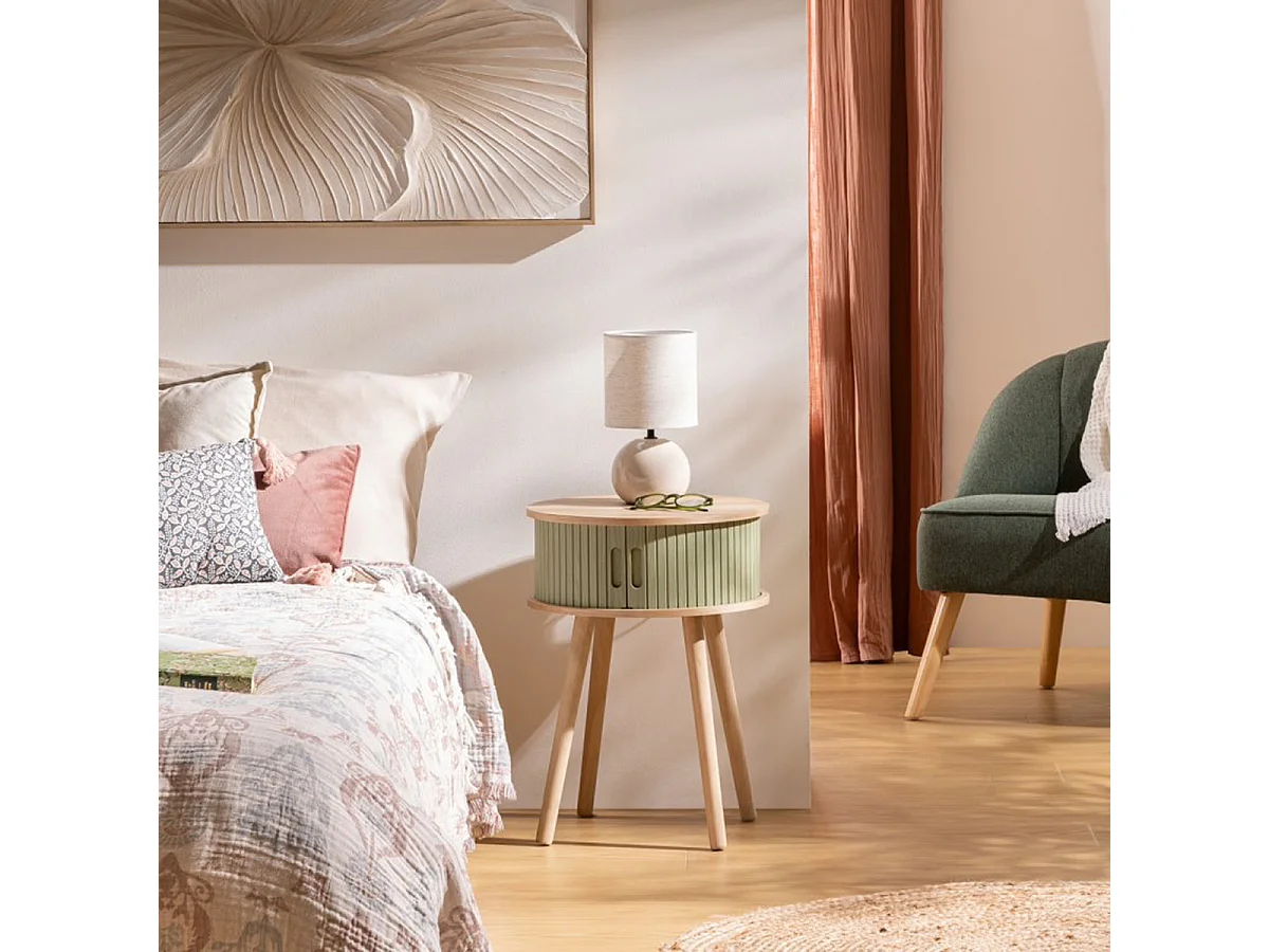 Table de chevet, table de nuit avec 2 portes en bois coloris vert, beige - diamètre 40 x Hauteur 54 cm