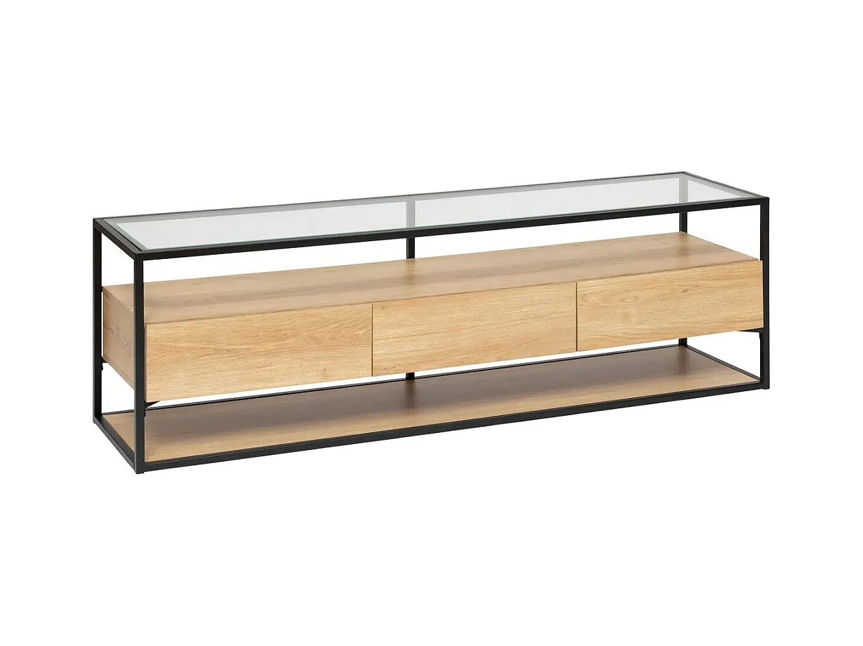 Meuble TV avec 3 tiroirs en bois coloris naturel et verre transparent - Longueur 160 x Profondeur 40 x Hauteur 50 cm