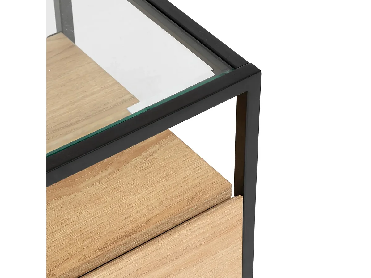 Meuble TV avec 3 tiroirs en bois coloris naturel et verre transparent - Longueur 160 x Profondeur 40 x Hauteur 50 cm