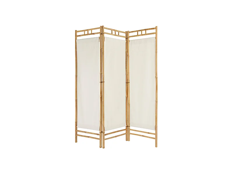 Paravent , séparateur de pièce avec 3 pans en bois beige et tissu blanc - Longueur 135  x Profondeur 3 x Hauteur 170 cm