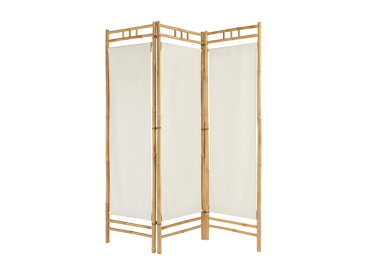 Paravent , séparateur de pièce avec 3 pans en bois beige et tissu blanc - Longueur 135  x Profondeur 3 x Hauteur 170 cm