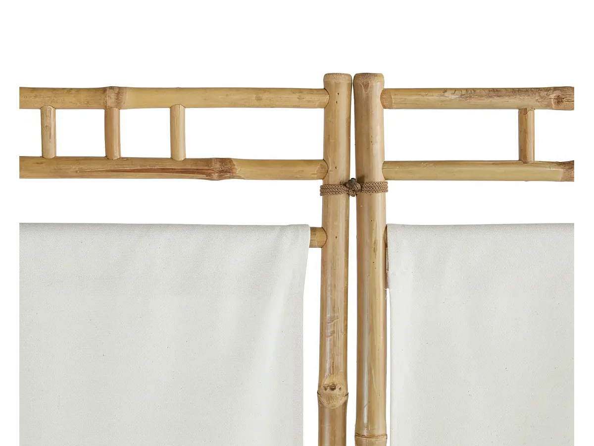 Paravent , séparateur de pièce avec 3 pans en bois beige et tissu blanc - Longueur 135  x Profondeur 3 x Hauteur 170 cm