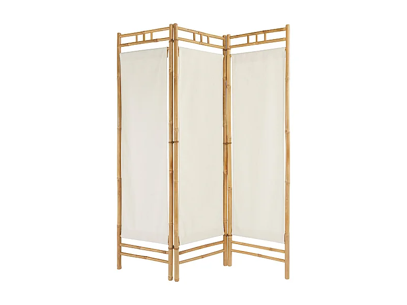 Paravent , séparateur de pièce avec 3 pans en bois beige et tissu blanc - Longueur 135  x Profondeur 3 x Hauteur 170 cm
