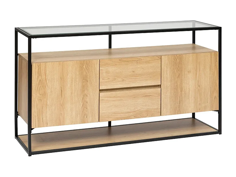 Buffet, meuble de rangement avec 2 portes et 2 tiroirs en bois coloris naturel et métal noir