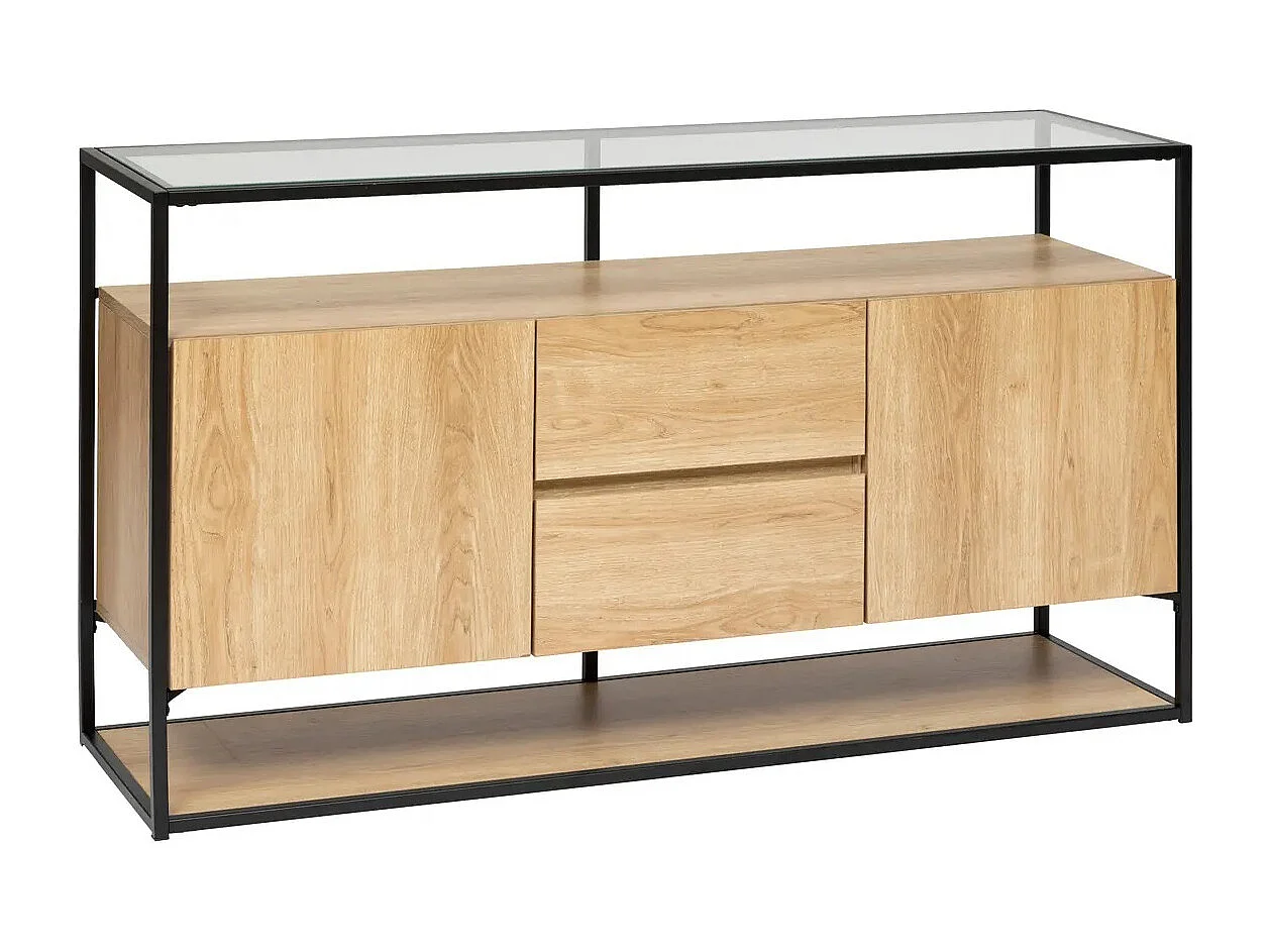 Buffet, meuble de rangement avec 2 portes et 2 tiroirs en bois coloris naturel et métal noir