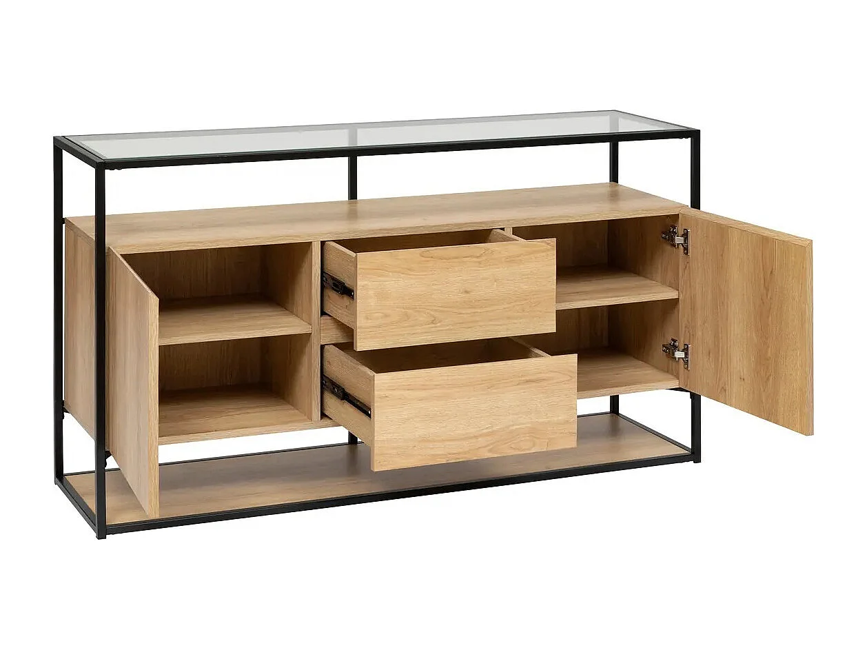 Buffet, meuble de rangement avec 2 portes et 2 tiroirs en bois coloris naturel et métal noir