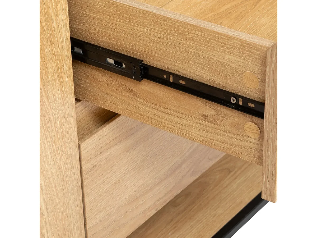 Buffet, meuble de rangement avec 2 portes et 2 tiroirs en bois coloris naturel et métal noir