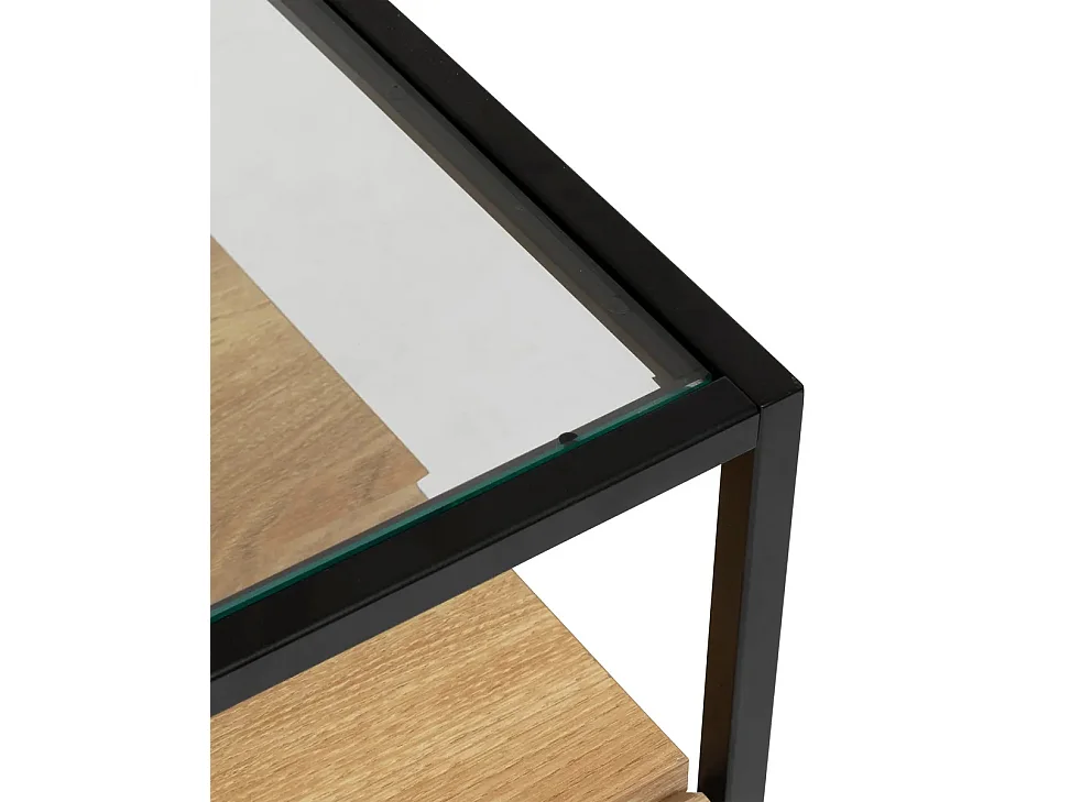 Buffet, meuble de rangement avec 2 portes et 2 tiroirs en bois coloris naturel et métal noir