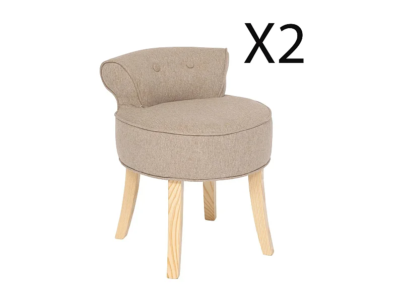 Lot de 2 tabourets en velours coloris beige et pieds en bois naturel - Longueur 46 x Profondeur 49 x Hauteur 58 cm