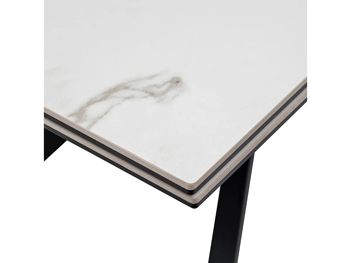 Table à dîner, table de repas extensible en métal et verre céramique effet blanc