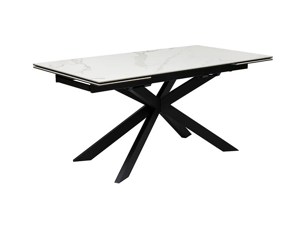 Table à dîner, table de repas extensible en métal et verre céramique effet blanc