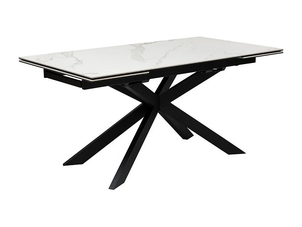 Table à dîner, table de repas extensible en métal et verre céramique effet blanc