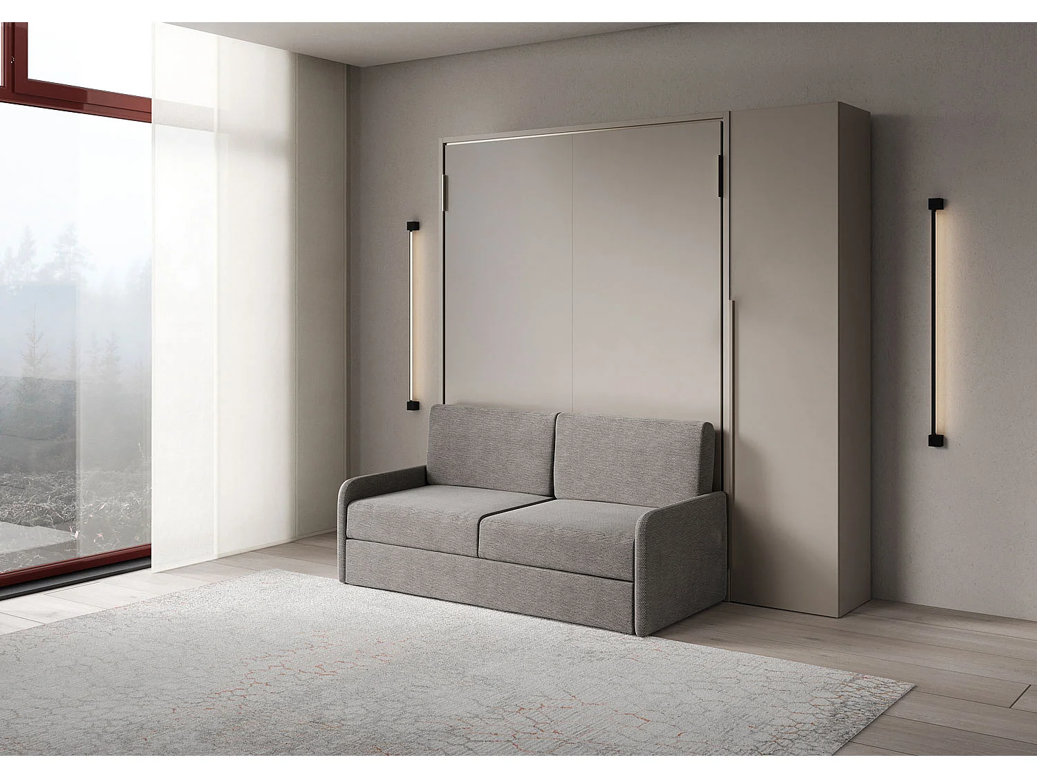 Cama de casal dobrável vertical Versia Sofà 160 com sofá, prateleira e guarda-roupa de 1 porta à direita Clay