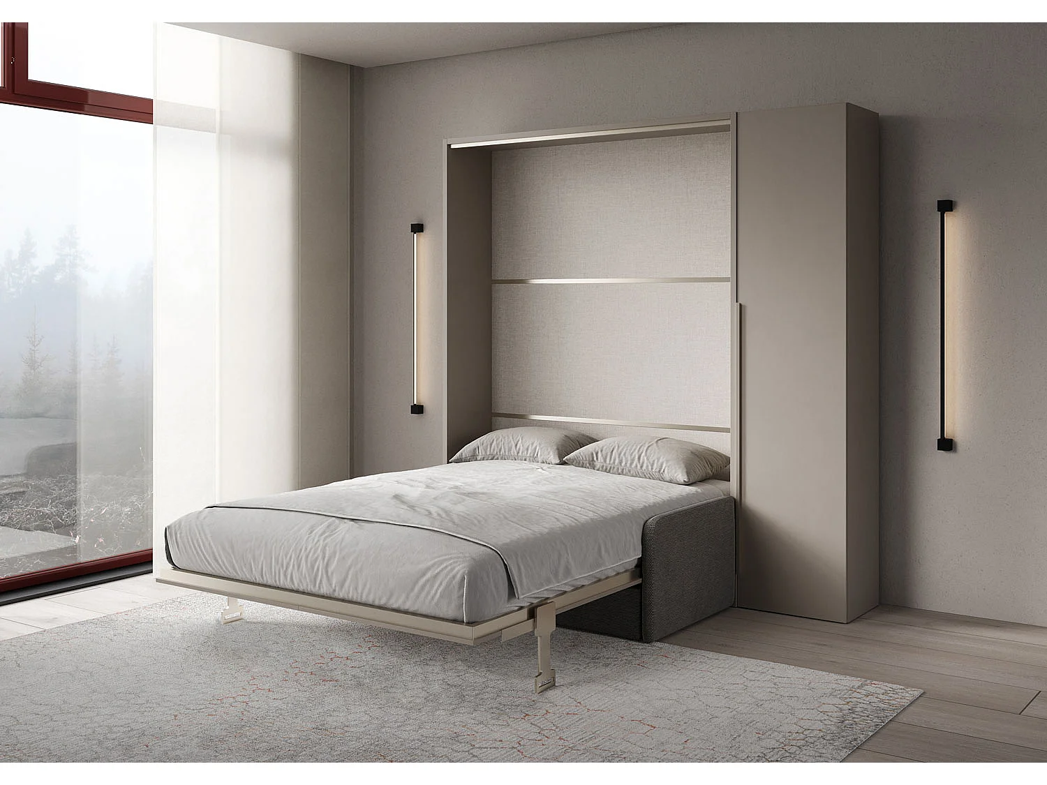Cama de casal dobrável vertical Versia Sofà 160 com sofá, prateleira e guarda-roupa de 1 porta à direita Clay