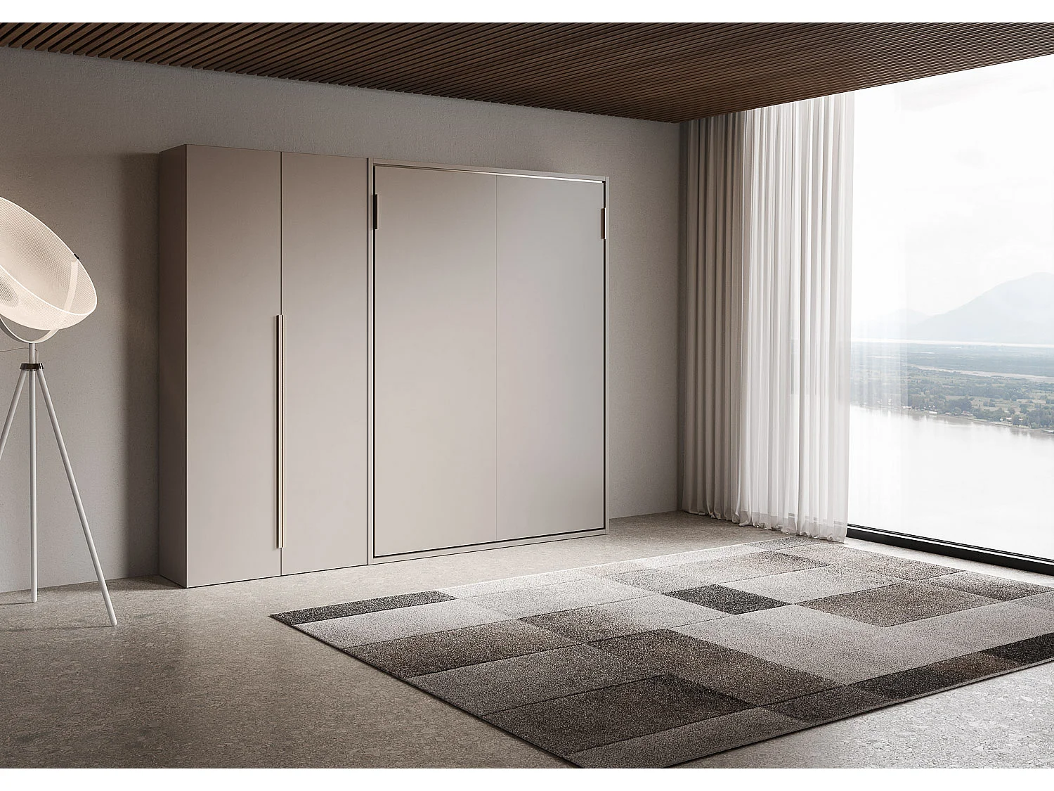 Cama francesa vertical dobrável Versia Sofà 140 com guarda-roupa Argilla de 2 portas à esquerda