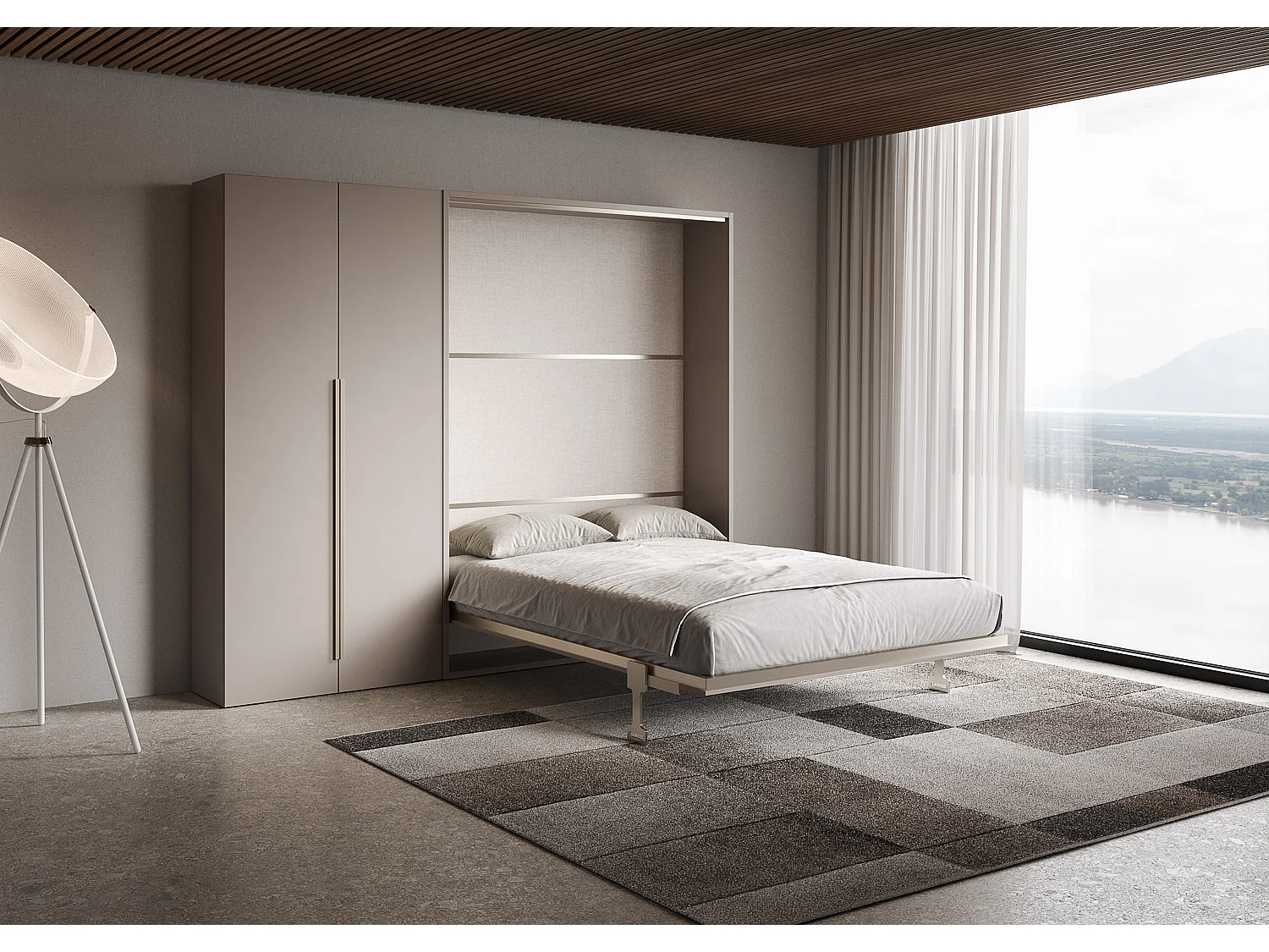 Cama francesa vertical dobrável Versia Sofà 140 com guarda-roupa Argilla de 2 portas à esquerda