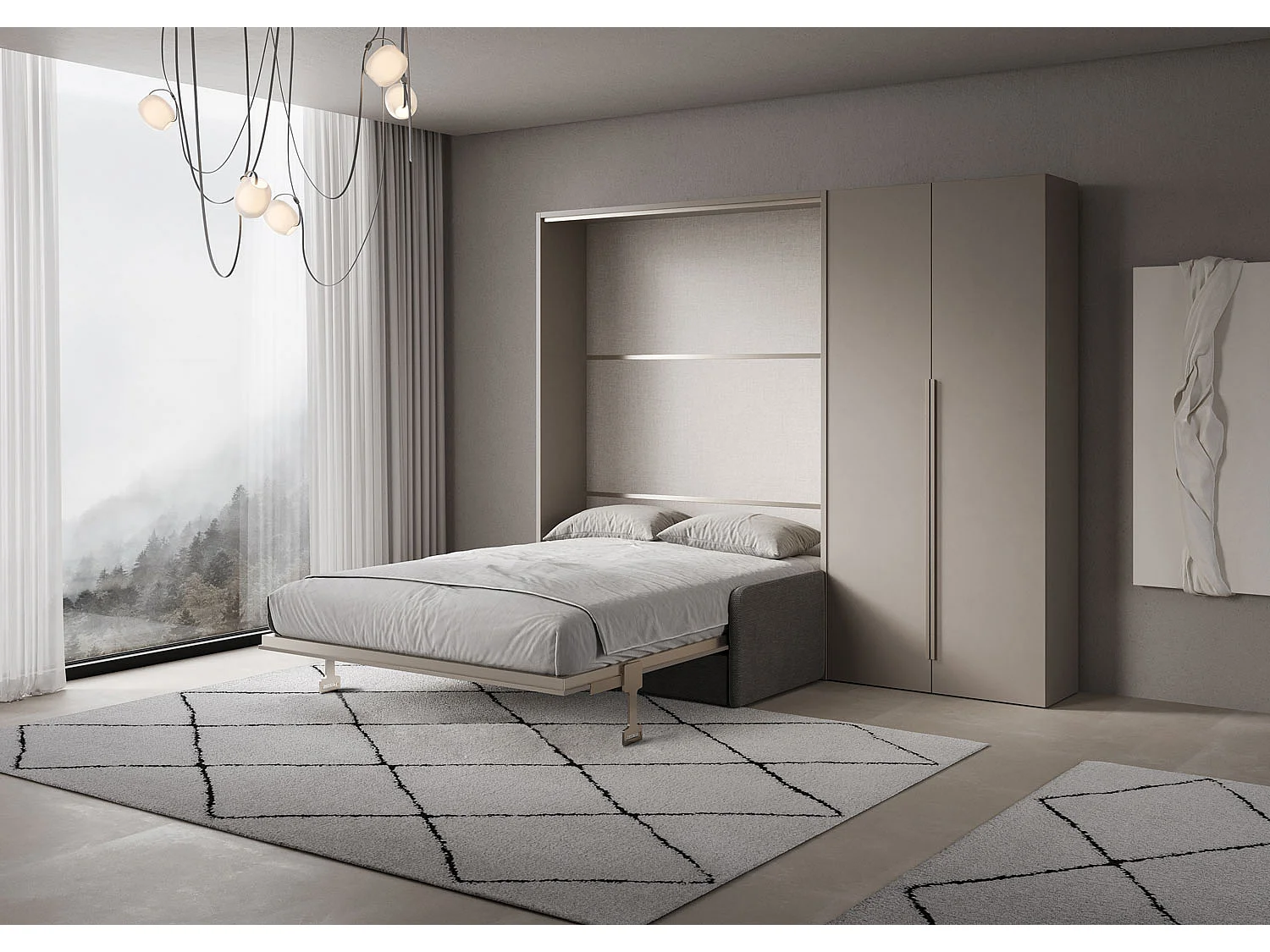 Vertikales französisches Klappbett Versia Sofà 140 mit Sofa, Regal und rechtem Kleiderschrank mit 2 Argilla-Türen