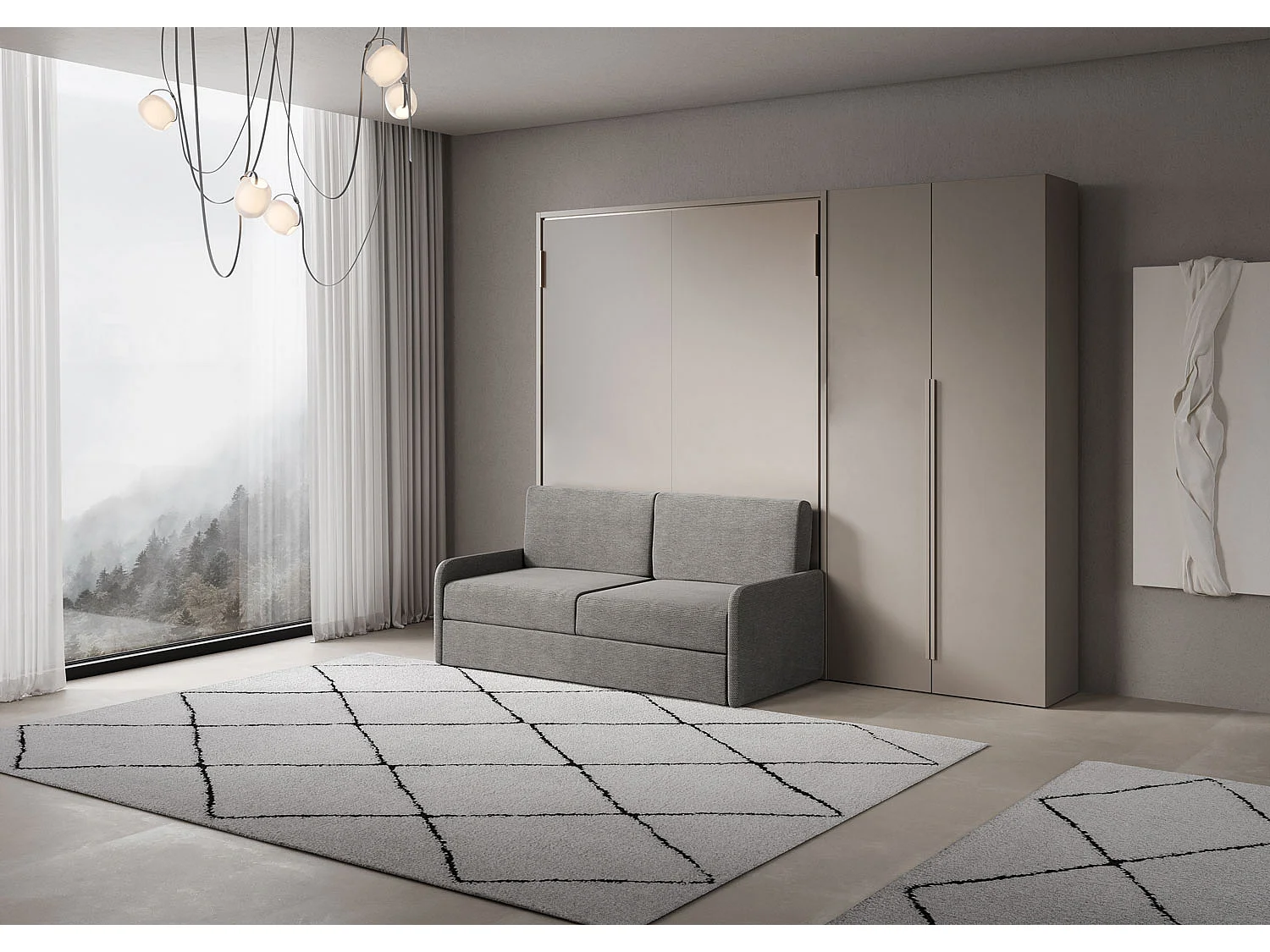 Lit français escamotable vertical Versia Sofà 140 avec canapé, étagère et armoire droite avec 2 portes Argilla