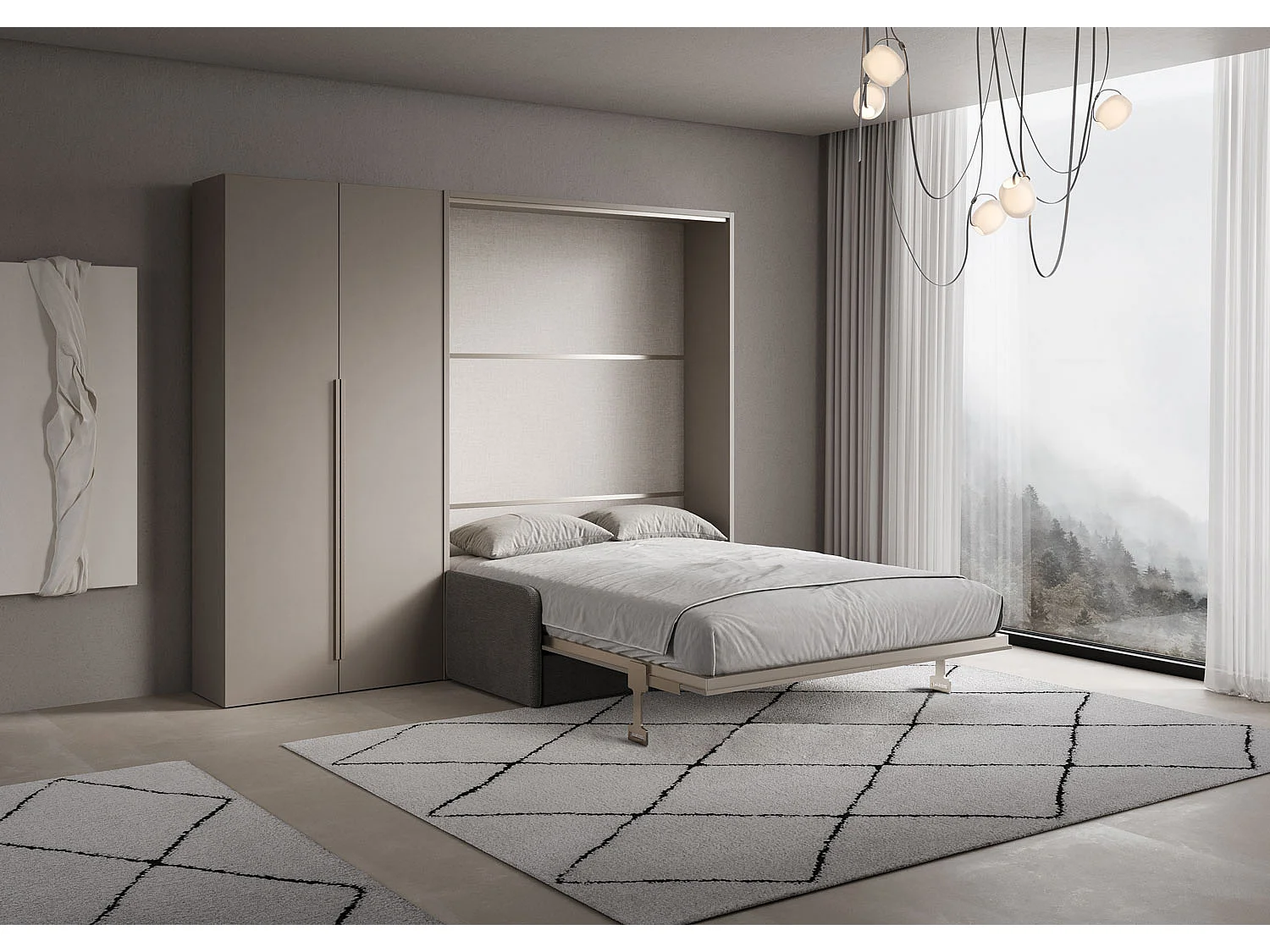 Vertikales Klappdoppelbett Versia Sofà 160 mit Sofa, Regal und linkem Kleiderschrank mit 2 Türen Argilla