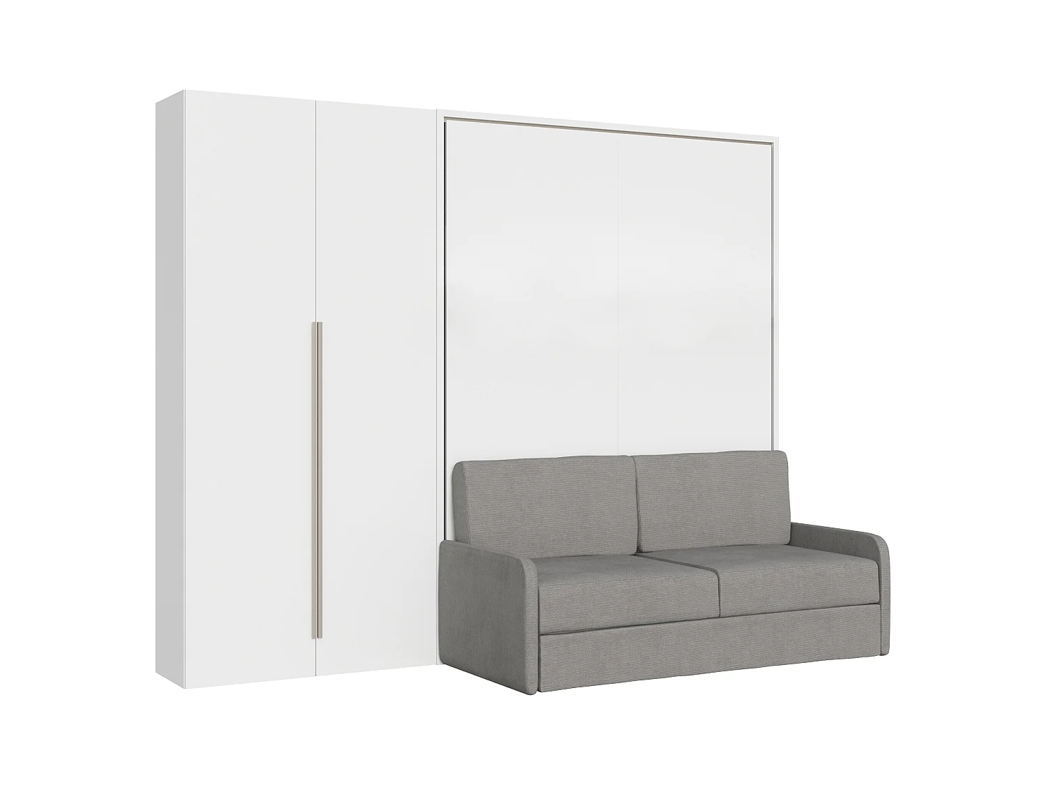 Vertikales französisches Klappbett Versia Sofà 140 mit Sofa, Regal und linkem Kleiderschrank mit 2 Türen. Weiß