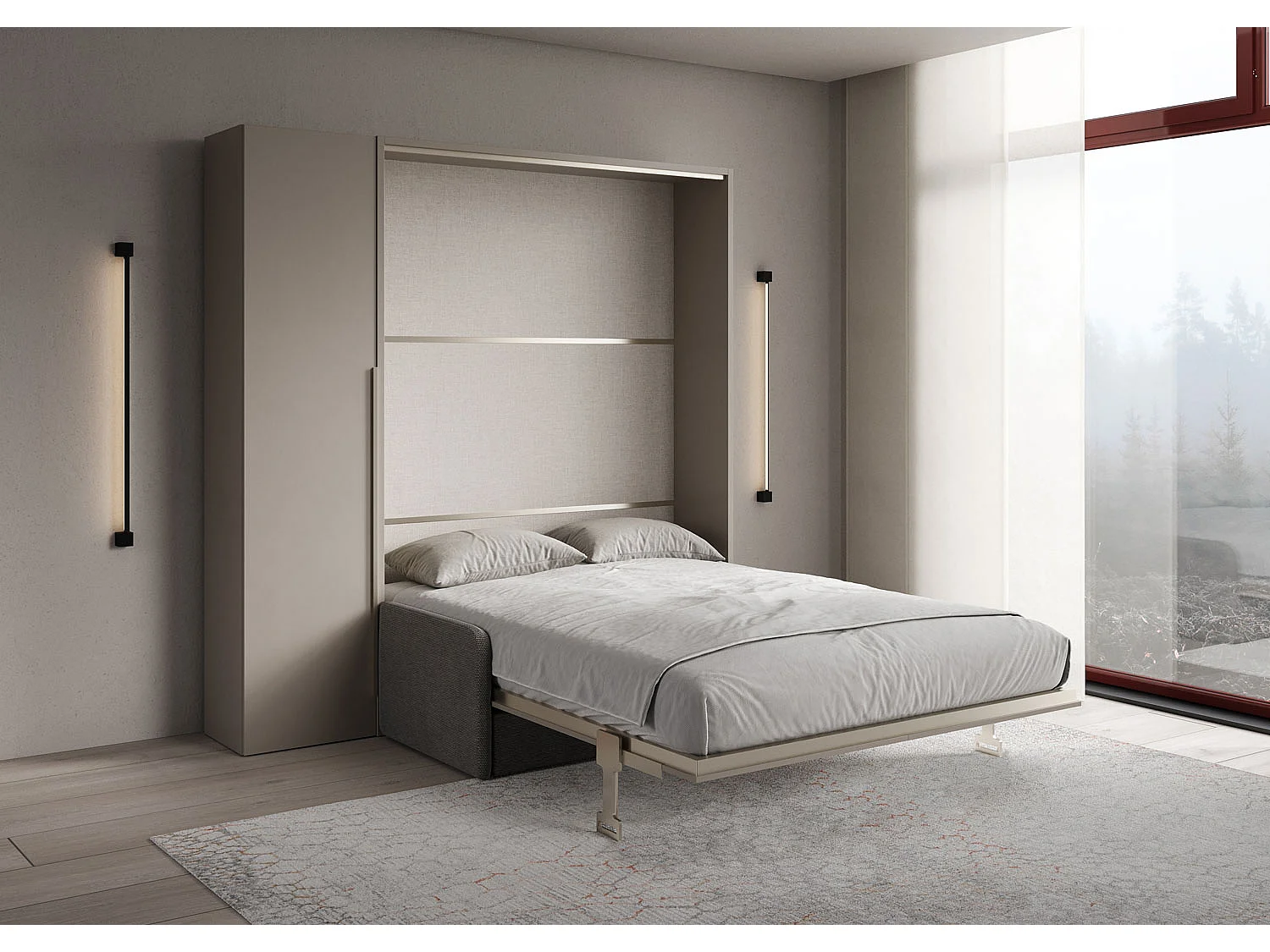 Französisches vertikales Klappbett Versia Sofà 140 mit Sofa, Regal und 1-türigem Kleiderschrank links Argilla